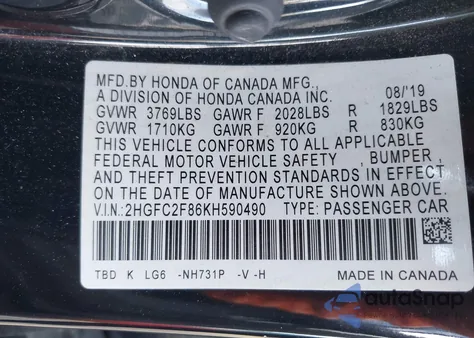 2019 Honda Civic Sport z USA, uszkodzony, nr VIN 2HGFC2F86KH590490